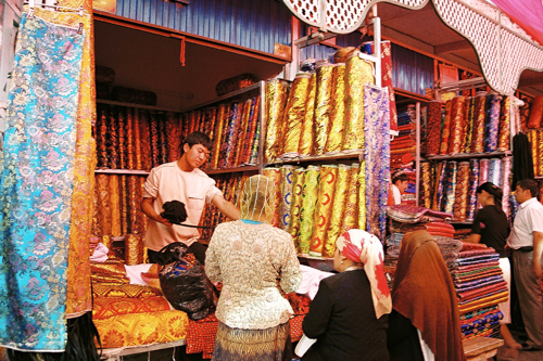 Fabric shop at bazaar in Uyghur, China